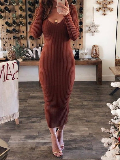 Dresses Solid Round Neck Long Sleeve Slim Fit Dress for Women