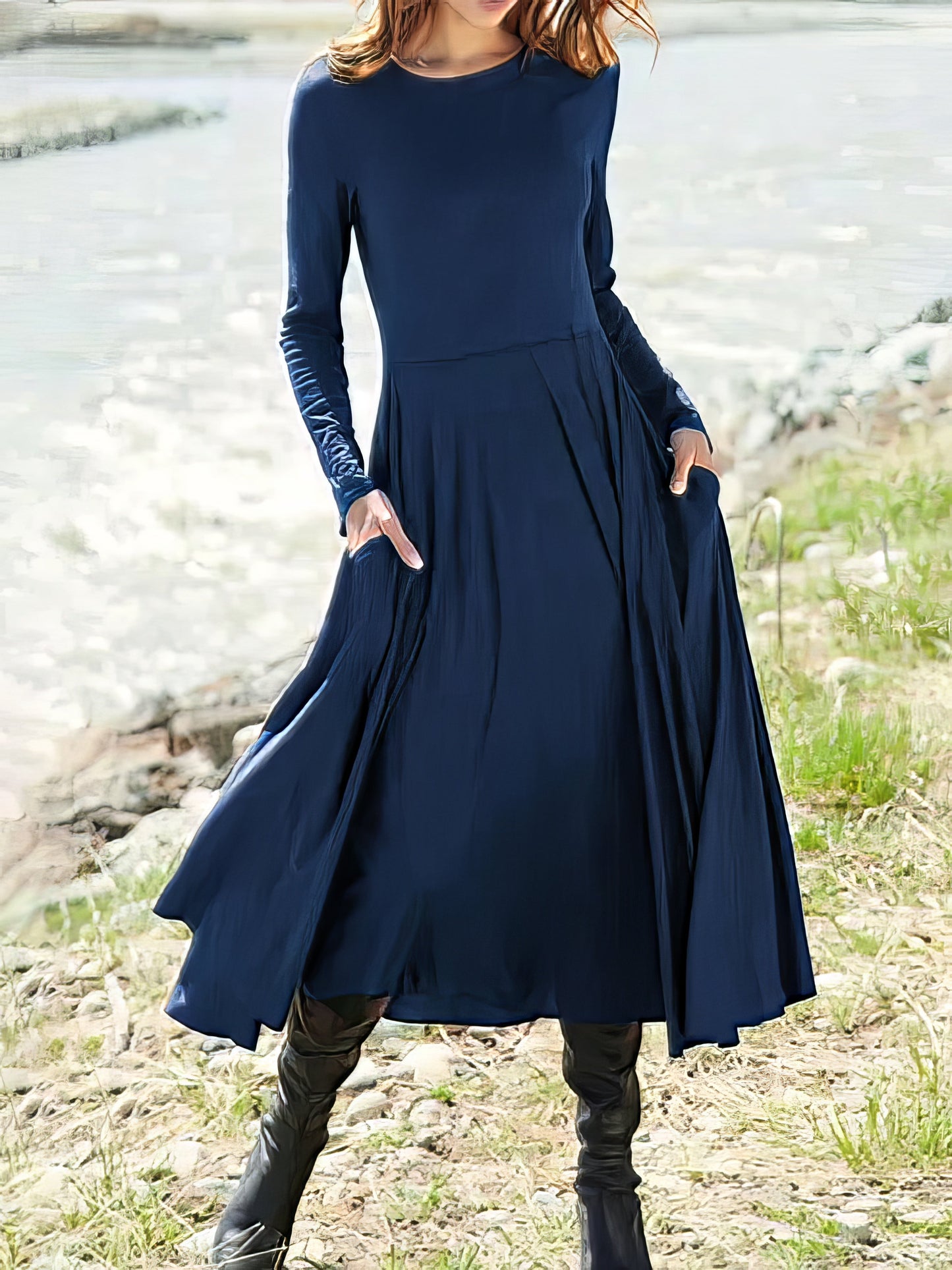 Maxi Dresses - Women's Dresses Solid Round Neck Pocket Long Sleeve Dress - MsDressly