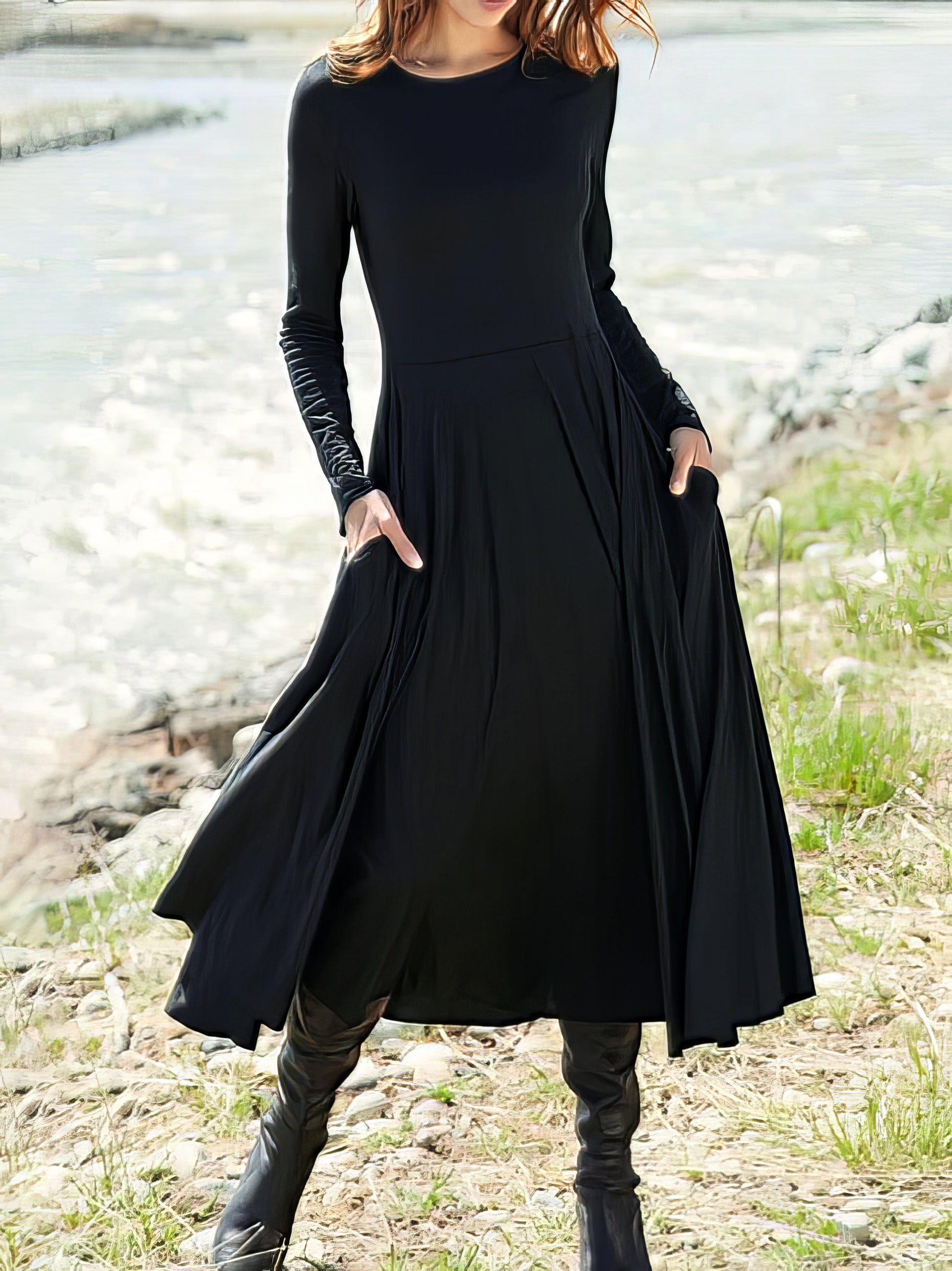 Maxi Dresses - Women's Dresses Solid Round Neck Pocket Long Sleeve Dress - MsDressly