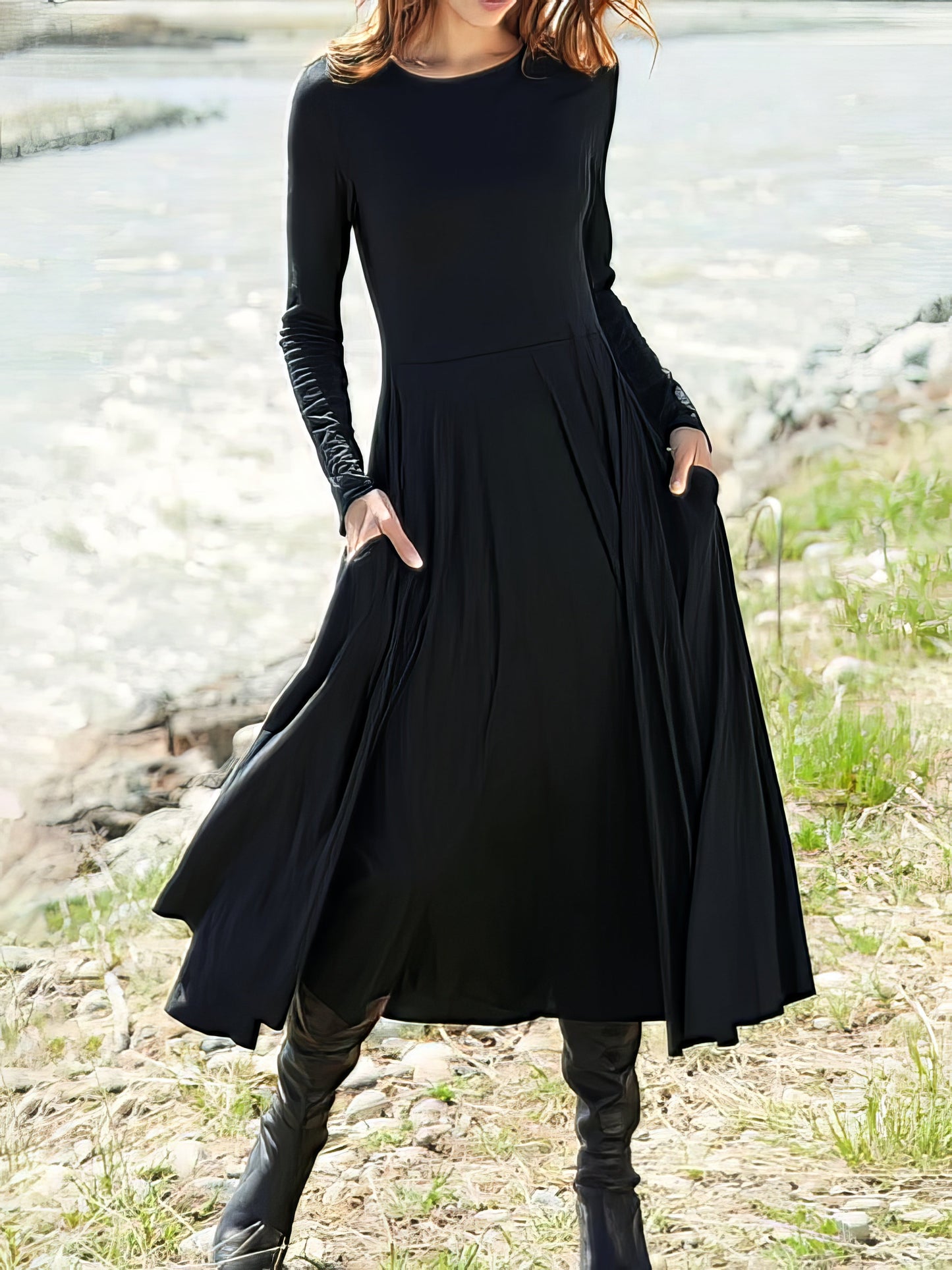 Women's Dresses Solid Round Neck Pocket Long Sleeve Dress