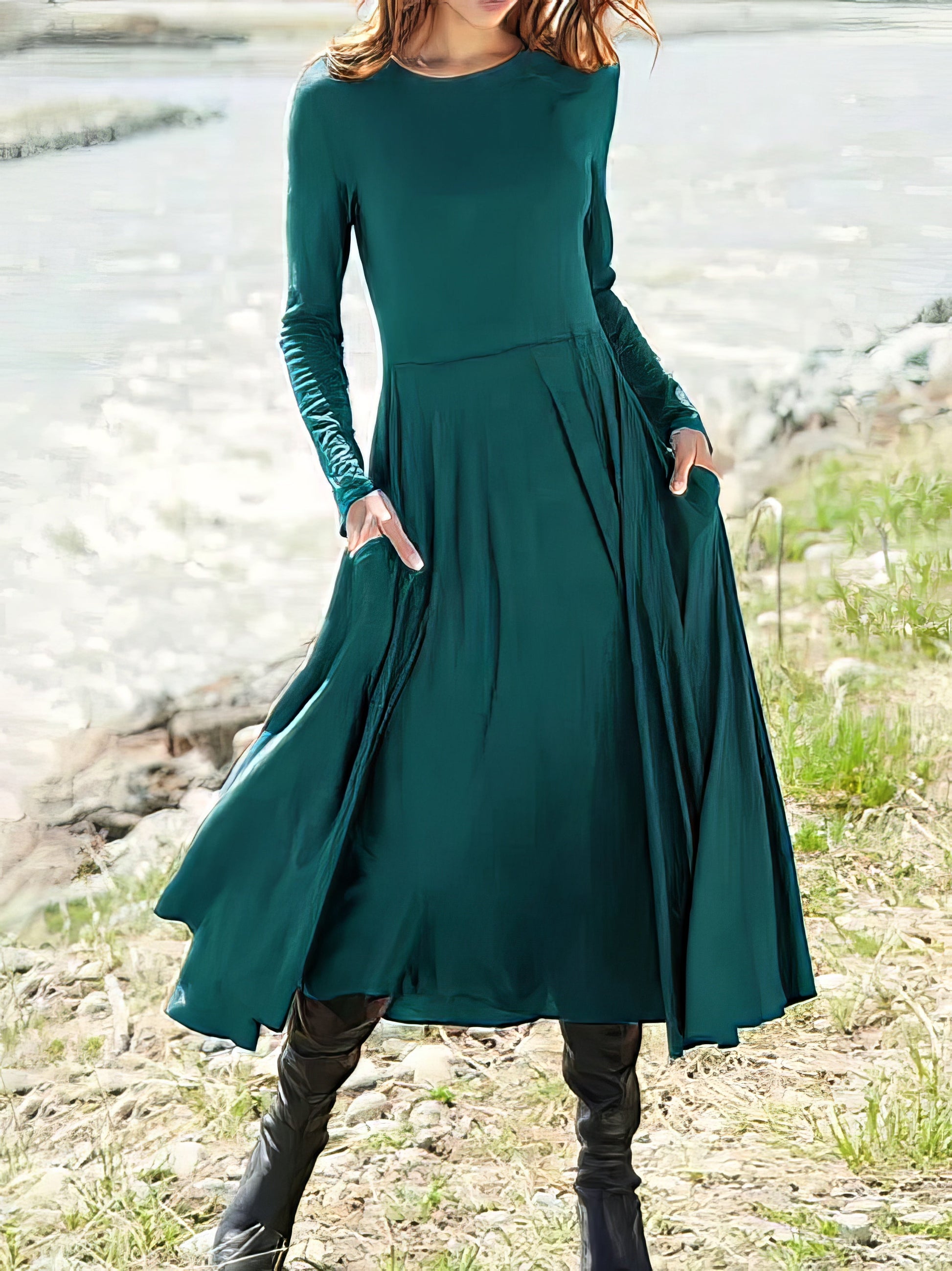 Maxi Dresses - Women's Dresses Solid Round Neck Pocket Long Sleeve Dress - MsDressly