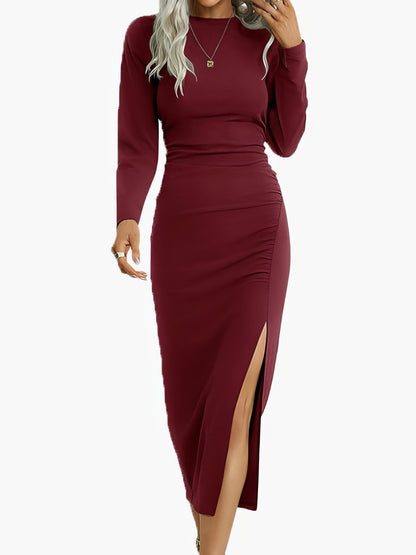 Solid Round Neck Slim Long Sleeve Split Dress