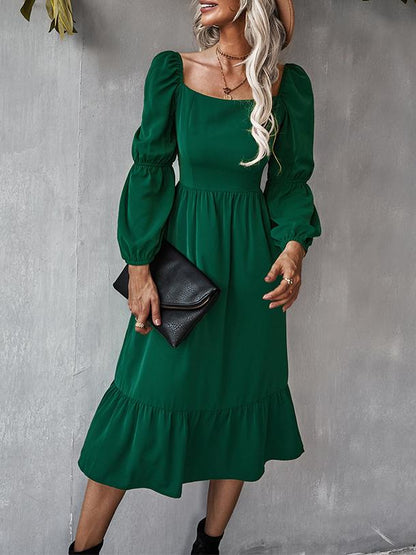 Dresses Solid Square Neck Long Sleeve Midi Dress for Women