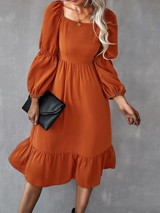 Women's Dresses Solid Square Neck Long Sleeve Midi Dress - LuckyFash™