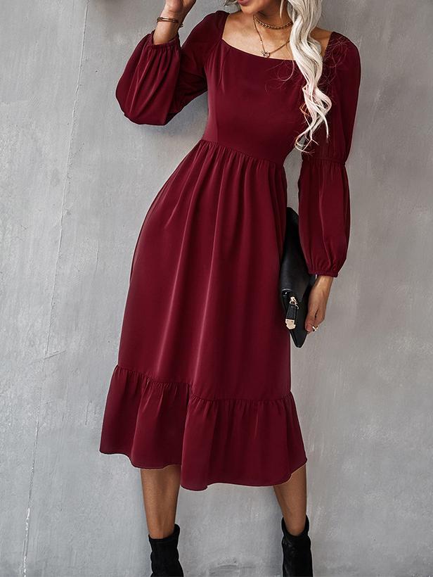 Women's Dresses Solid Square Neck Long Sleeve Midi Dress - LuckyFash™