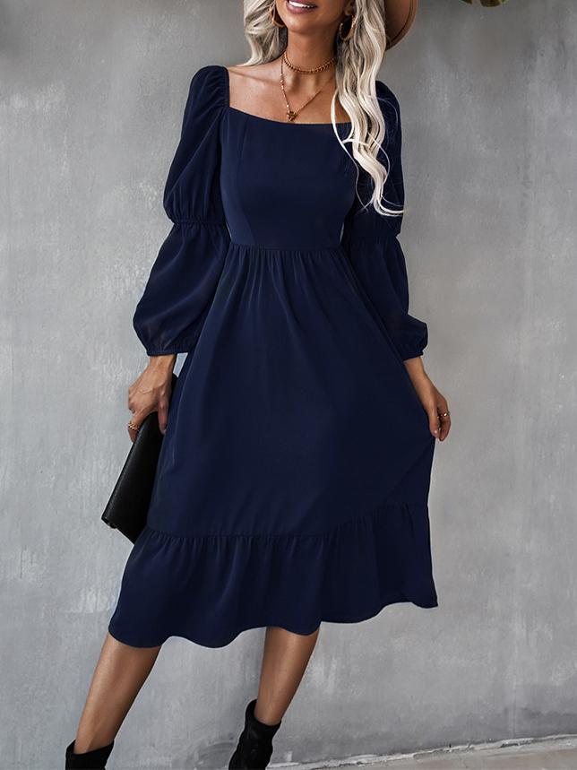 Women's Dresses Solid Square Neck Long Sleeve Midi Dress - LuckyFash™