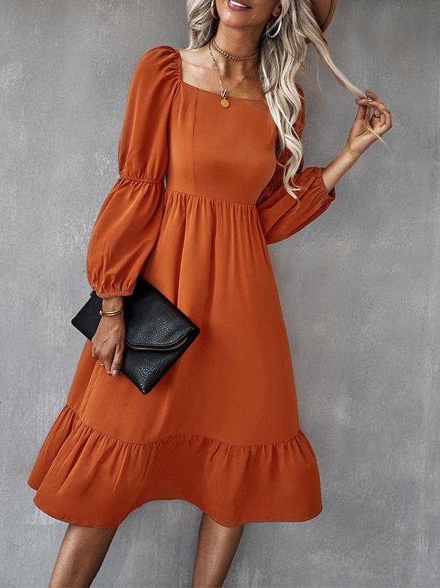 Women's Dresses Solid Square Neck Long Sleeve Midi Dress - LuckyFash™