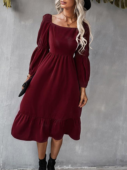 Women's Dresses Solid Square Neck Long Sleeve Midi Dress - LuckyFash™