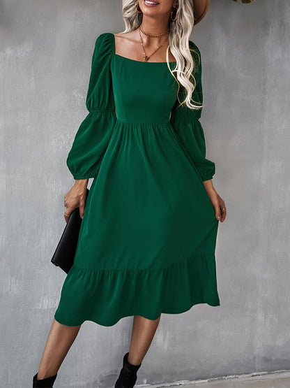 Women's Dresses Solid Square Neck Long Sleeve Midi Dress - LuckyFash™