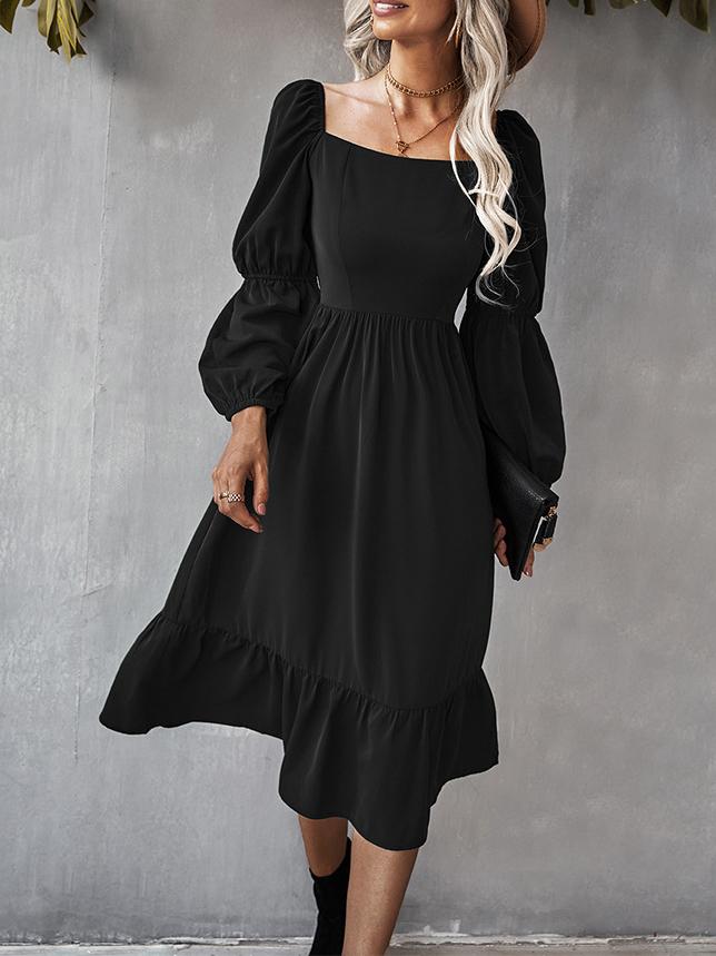 Women's Dresses Solid Square Neck Long Sleeve Midi Dress - LuckyFash™