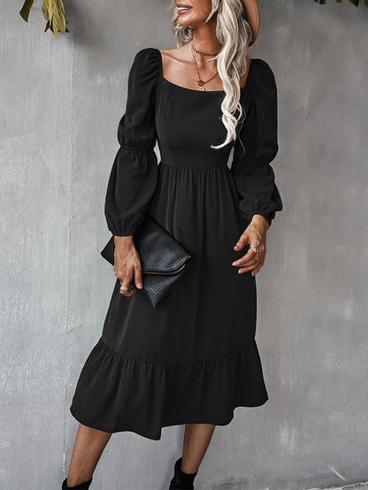 Women's Dresses Solid Square Neck Long Sleeve Midi Dress - LuckyFash™