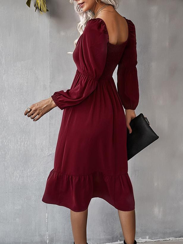 Women's Dresses Solid Square Neck Long Sleeve Midi Dress - LuckyFash™