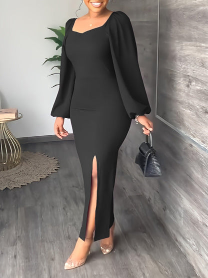 Dresses Solid Square Neck Long Sleeve Slit Dress for Women