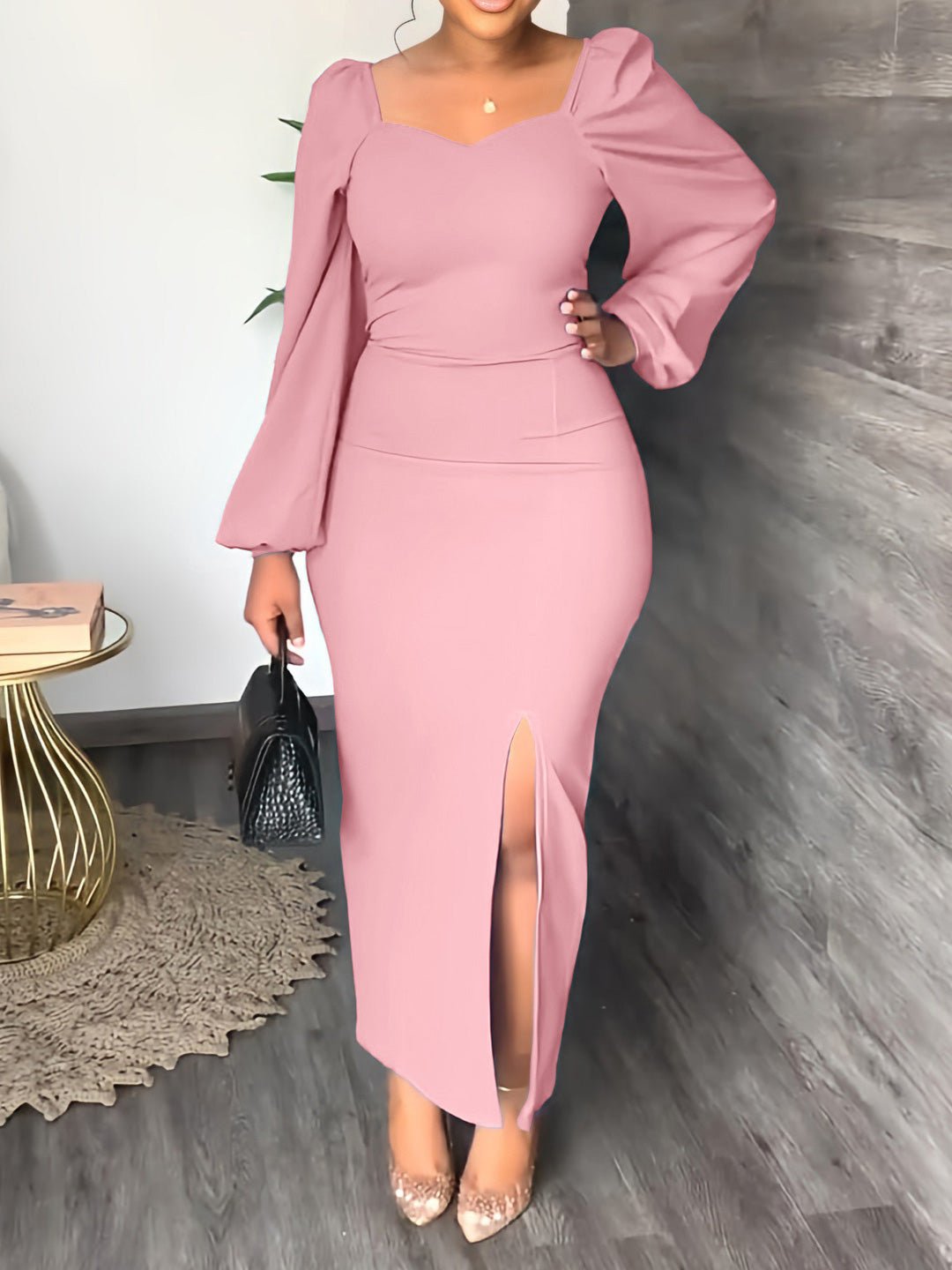 Women's Dresses Solid Square Neck Long Sleeve Slit Dress - LuckyFash™