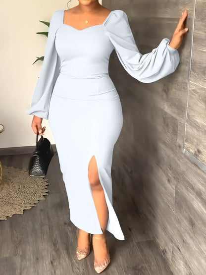 Women's Dresses Solid Square Neck Long Sleeve Slit Dress - LuckyFash™