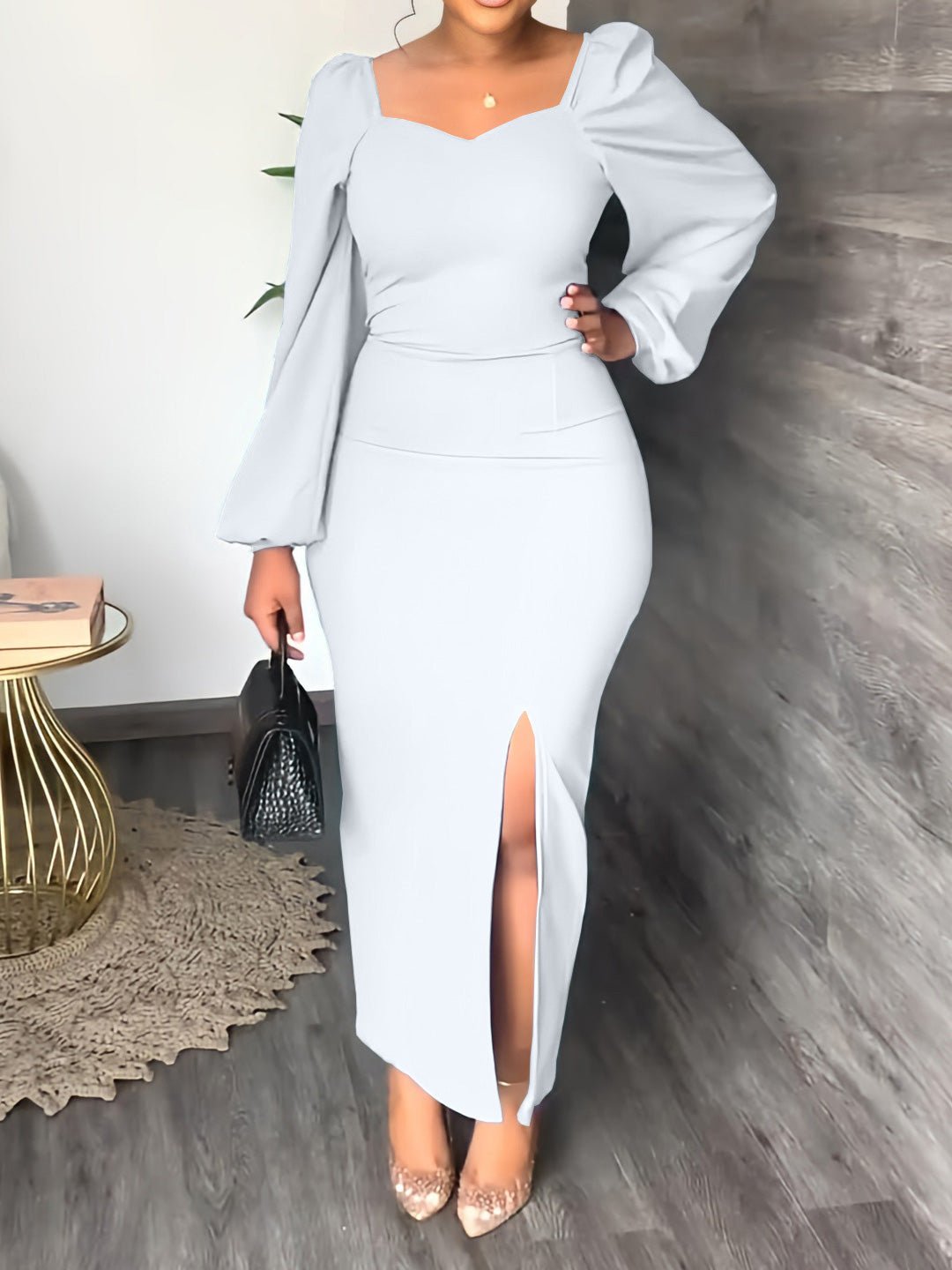 Dresses Solid Square Neck Long Sleeve Slit Dress for Women