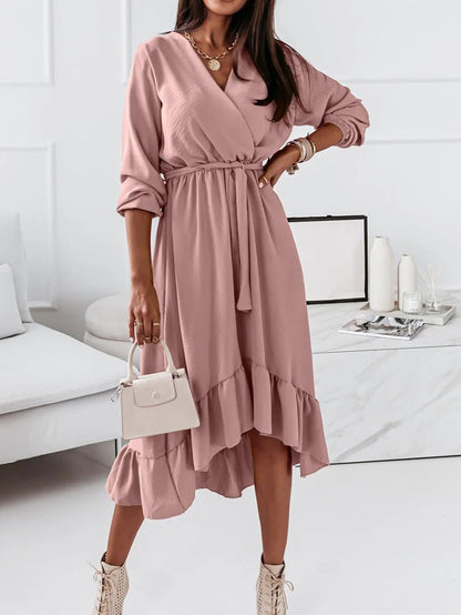 Women's Dresses Solid Tie Long Sleeve Ruffle Dress - LuckyFash™