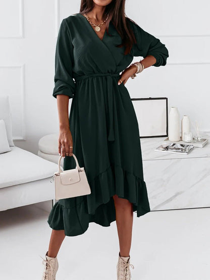 Dresses Solid Tie Long Sleeve Ruffle Dress for Women