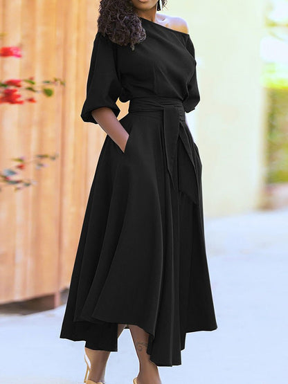 Solid Tie Pocket Long Sleeve Dress