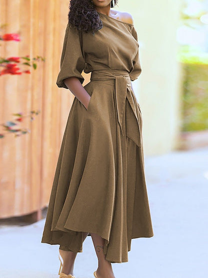 Solid Tie Pocket Long Sleeve Dress