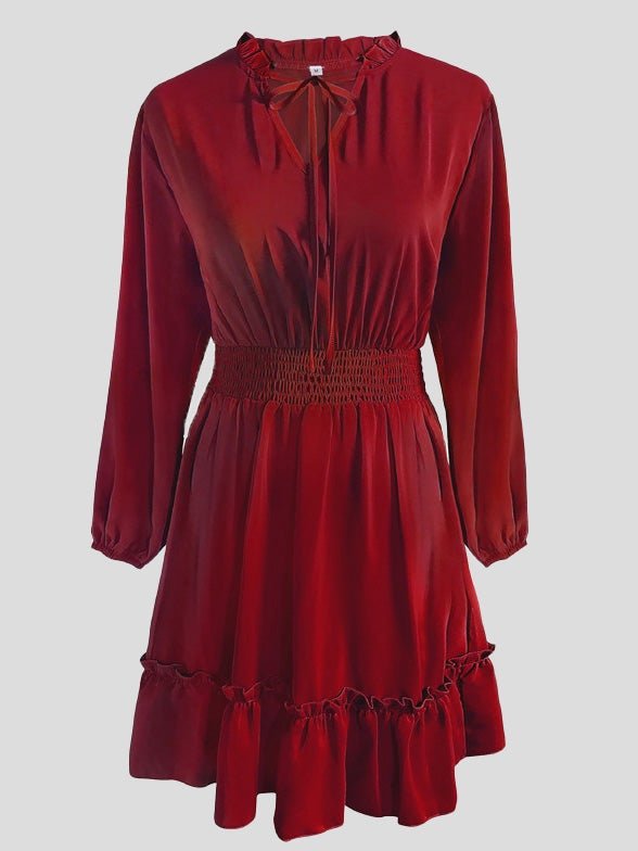 Dresses Solid V-Neck Belted Long Sleeve Dress for Women