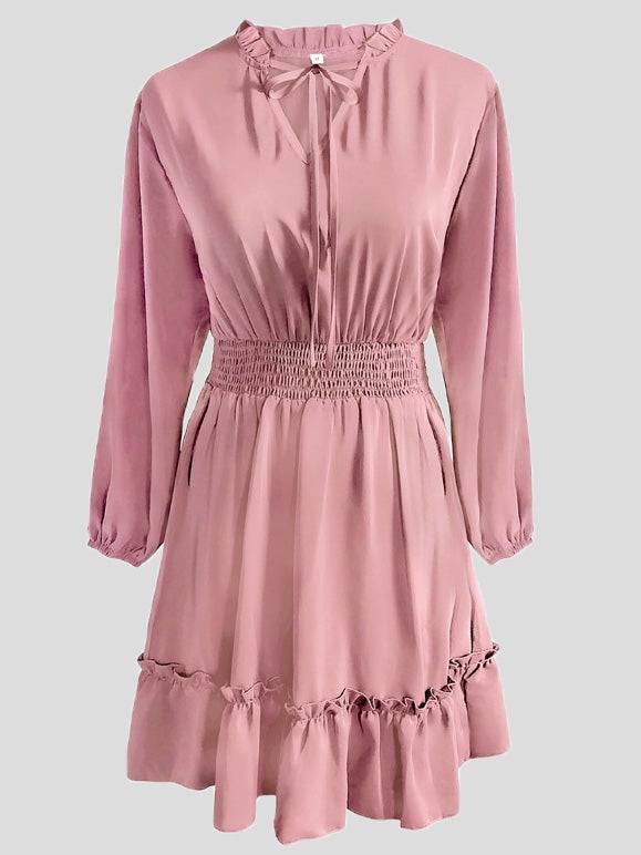 Dresses Solid V-Neck Belted Long Sleeve Dress for Women