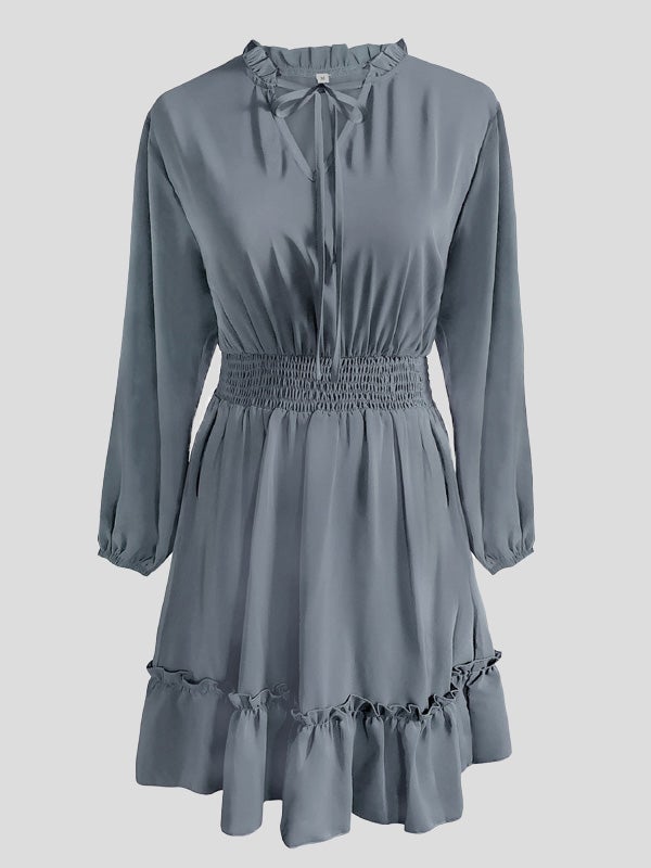 Dresses Solid V-Neck Belted Long Sleeve Dress for Women