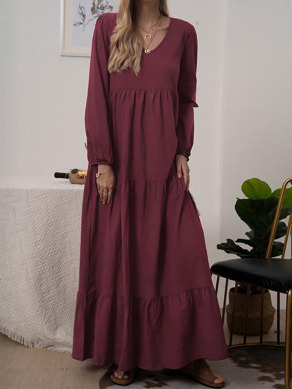 Dresses Solid V-Neck Long Sleeve Maxi Dress for Women