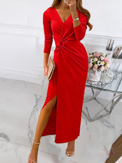 Dresses Solid V-Neck Long Sleeve Slit Dress for Women