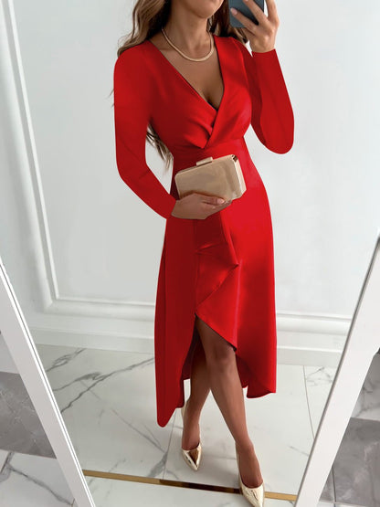 Dresses Solid V-Neck Long Sleeve Slit Dress for Women