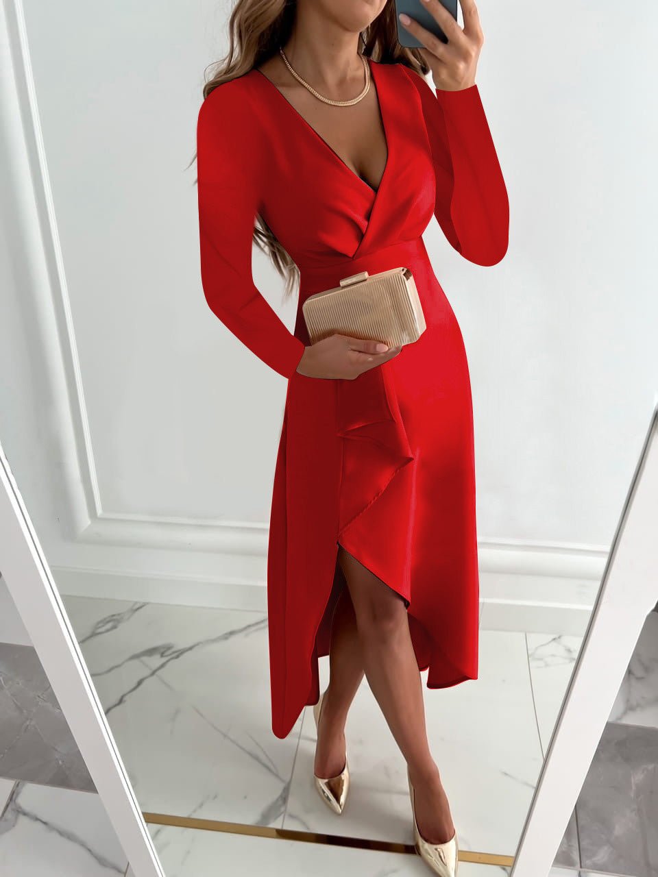 Women's Dresses Solid V-Neck Long Sleeve Slit Dress - LuckyFash™