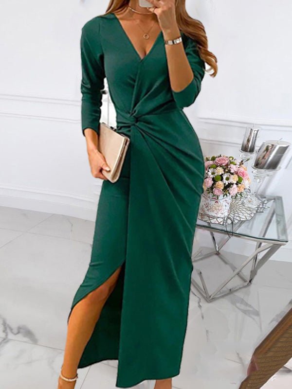 Dresses Solid V-Neck Long Sleeve Slit Dress for Women