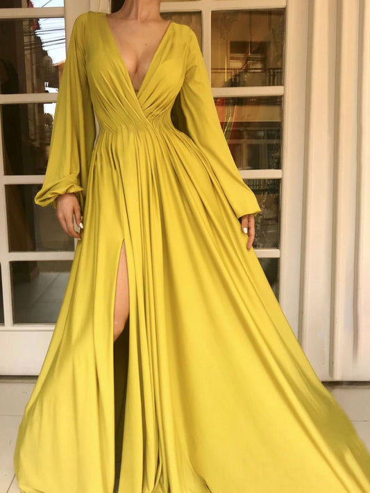 Dresses Solid V-Neck Long Sleeve Slit Dress for Women