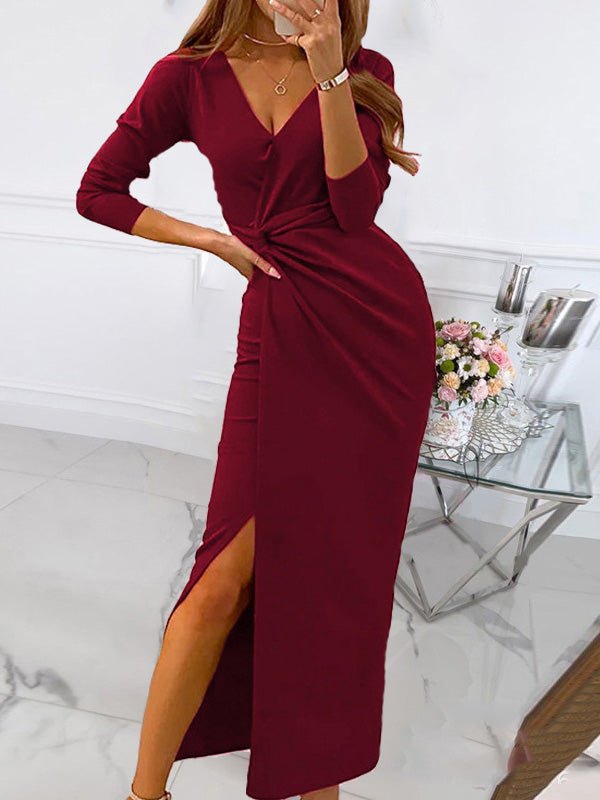 Dresses Solid V-Neck Long Sleeve Slit Dress for Women