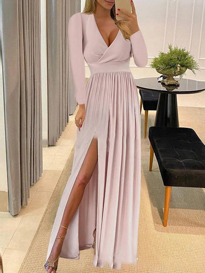 Maxi Dresses - Solid V-Neck Long Sleeve Slit Dress - MsDressly