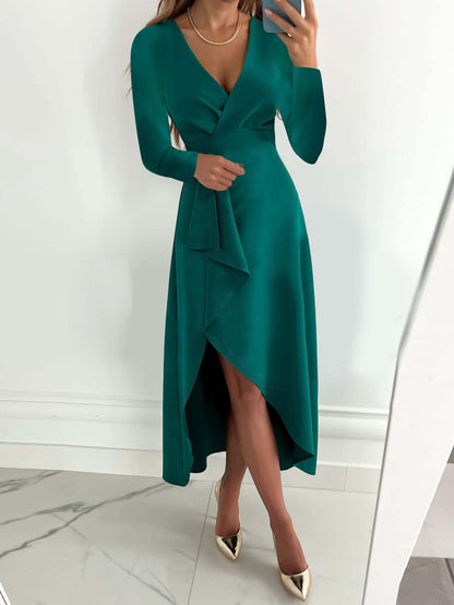 Dresses Solid V-Neck Long Sleeve Slit Dress for Women