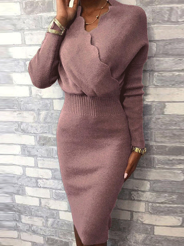 Dresses Solid V-Neck Long Sleeve Tight Dress for Women