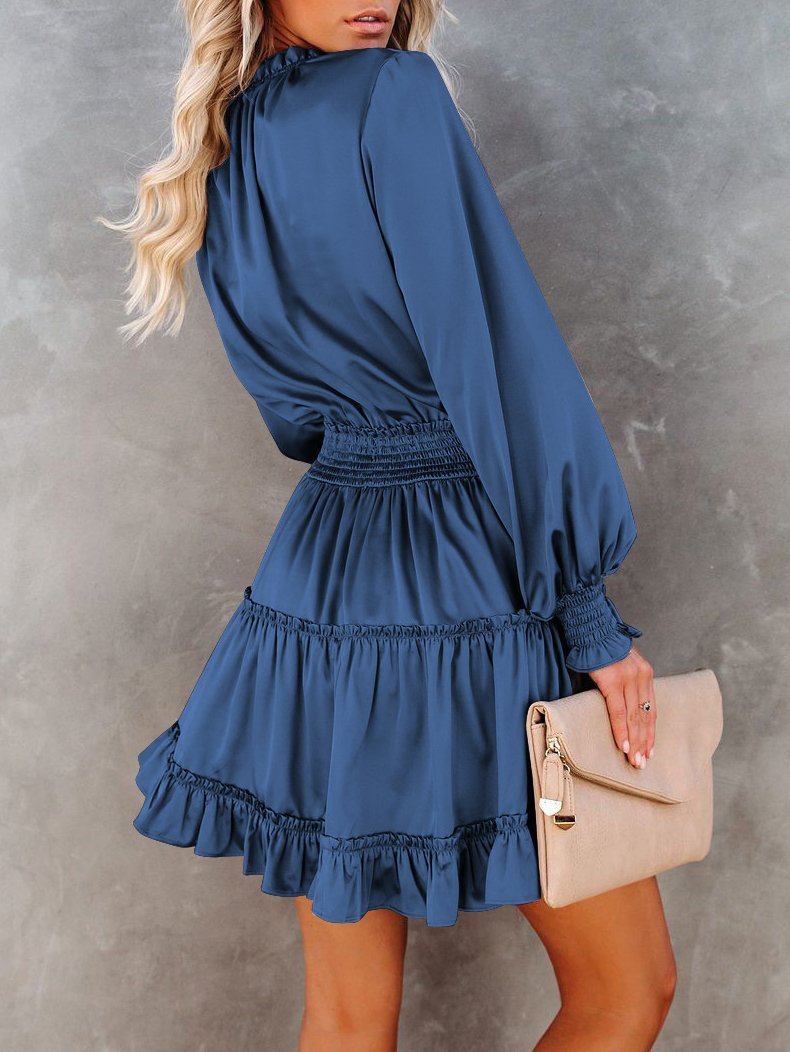 Women's Dresses Solid V-Neck Ruffled Long Sleeve Dress - LuckyFash™