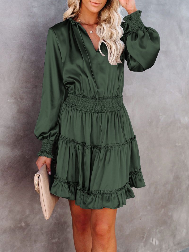 Dresses Solid V-Neck Ruffled Long Sleeve Dress for Women