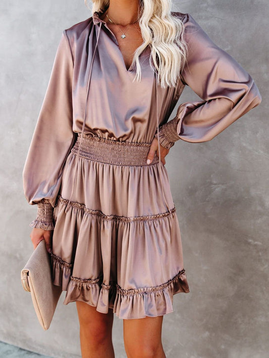 Dresses Solid V-Neck Ruffled Long Sleeve Dress for Women