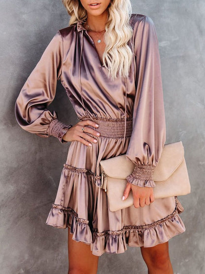 Women's Dresses Solid V-Neck Ruffled Long Sleeve Dress - LuckyFash™