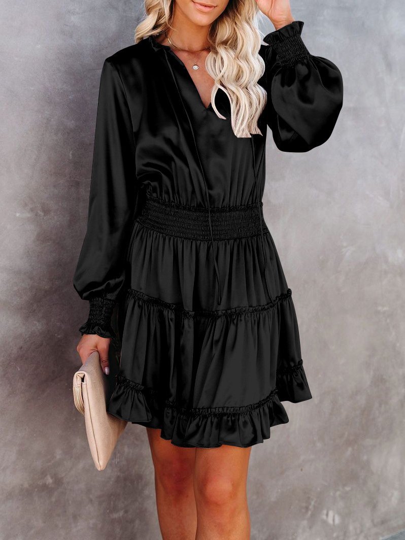 Dresses Solid V-Neck Ruffled Long Sleeve Dress for Women