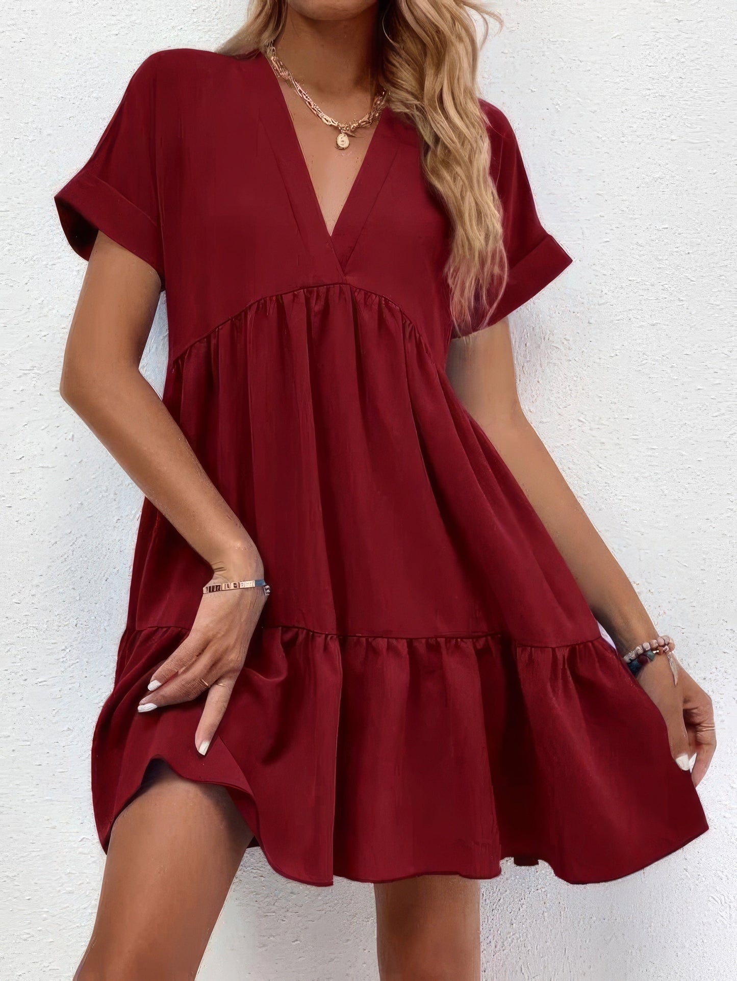 Solid V-Neck Short Sleeve Mini Dress