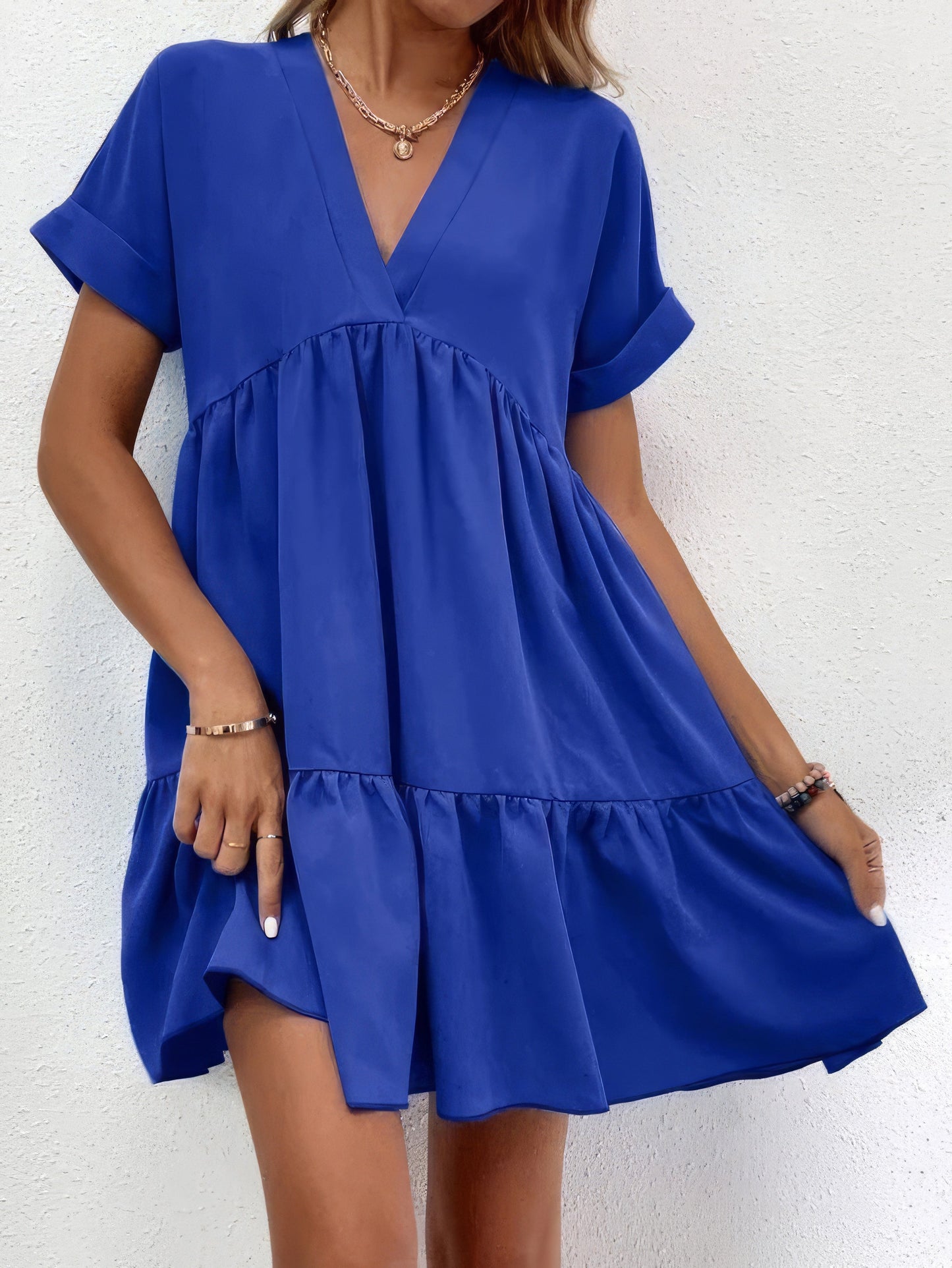 Mini Dresses - Solid V-Neck Short Sleeve Mini Dress - MsDressly