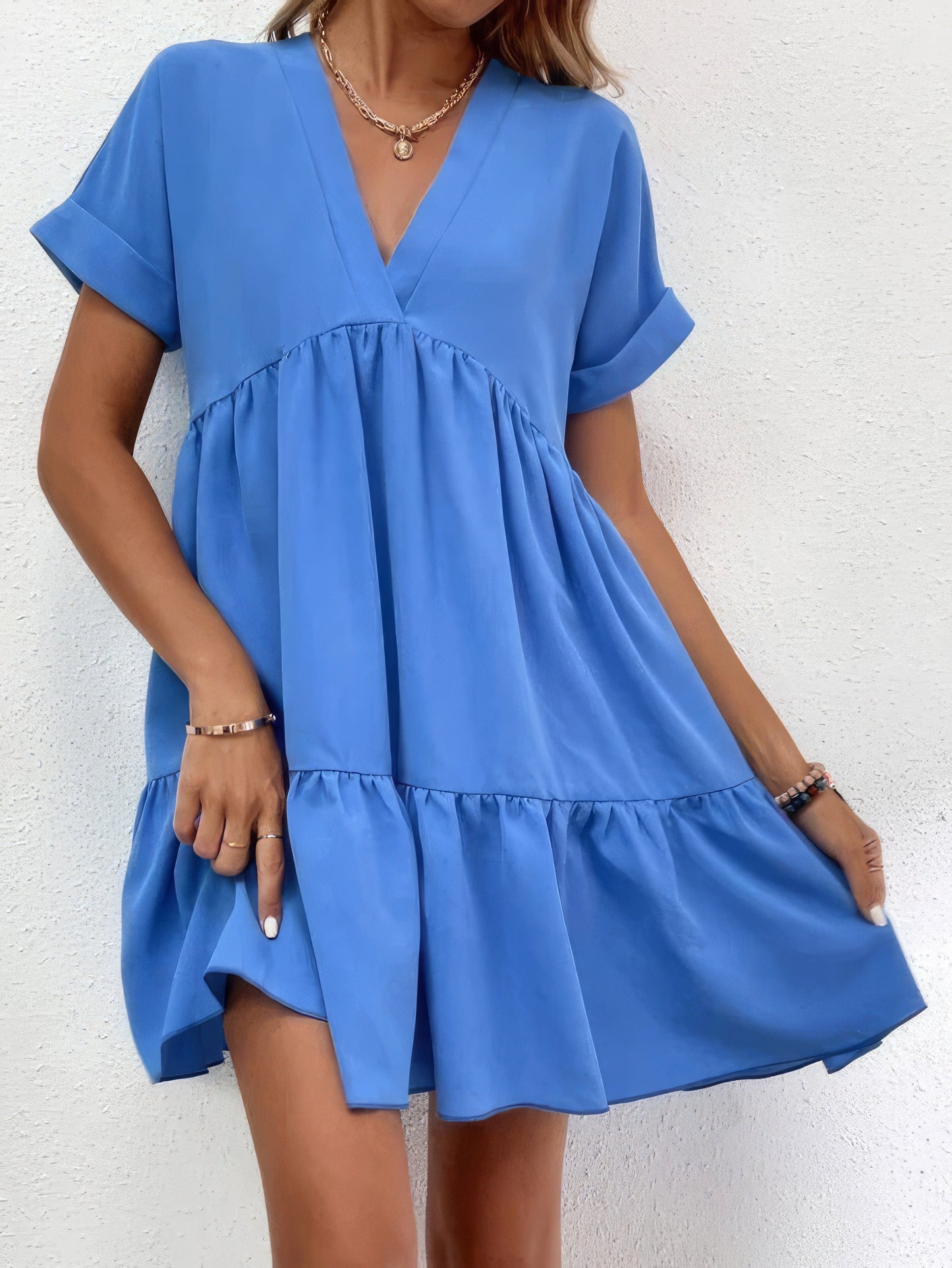 Mini Dresses - Solid V-Neck Short Sleeve Mini Dress - MsDressly