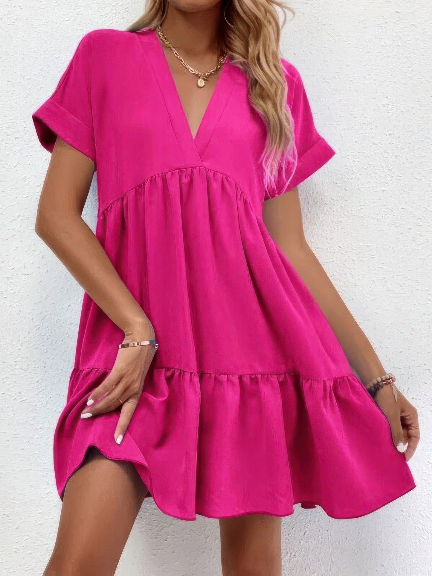 Solid V-Neck Short Sleeve Mini Dress