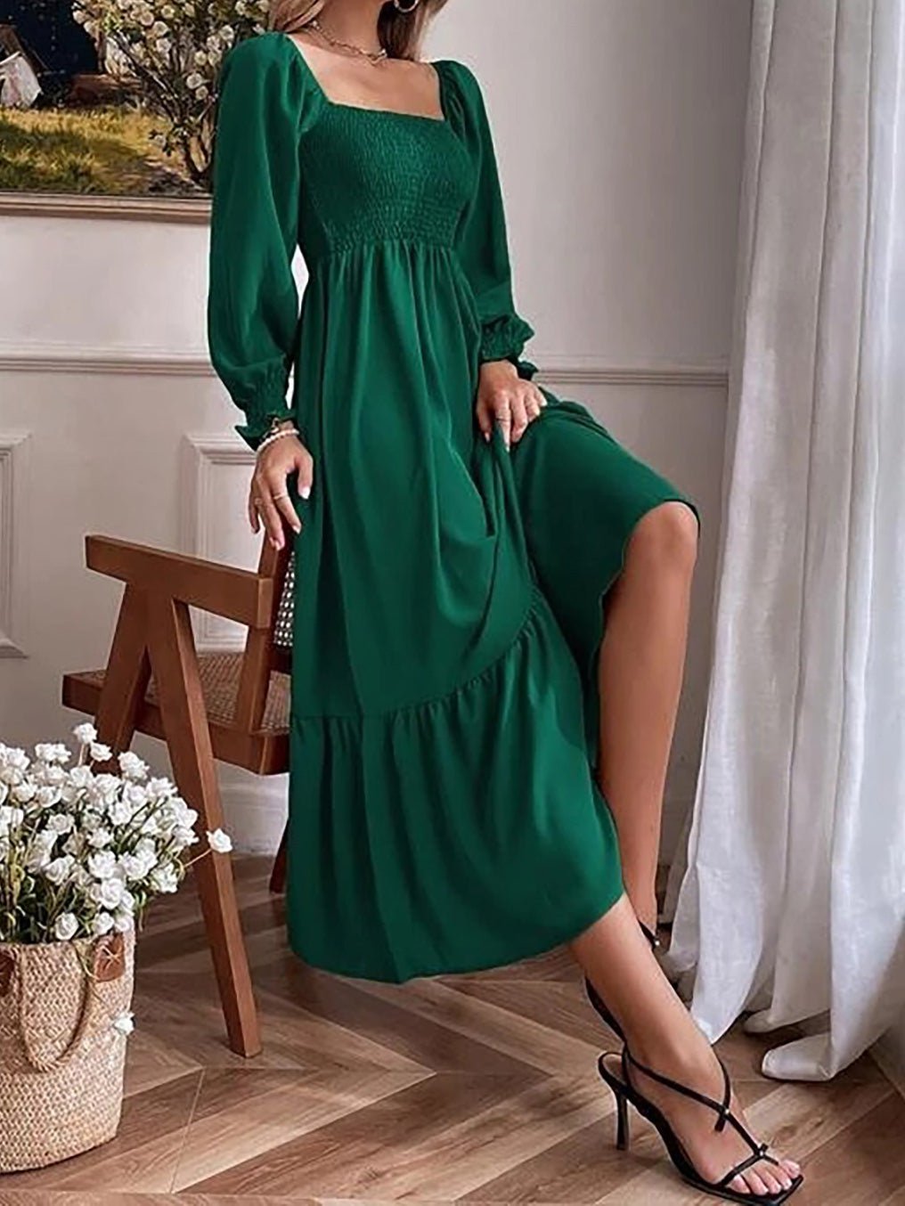 Maxi Dresses - Square Neck High Waist Long Sleeve Ruffle Dress - MsDressly