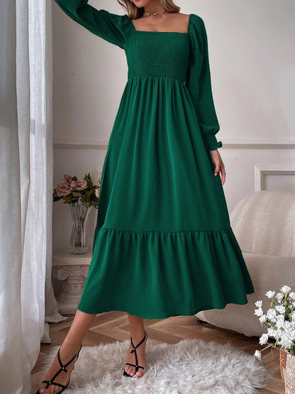 Square Neck High Waist Long Sleeve Ruffle Dress