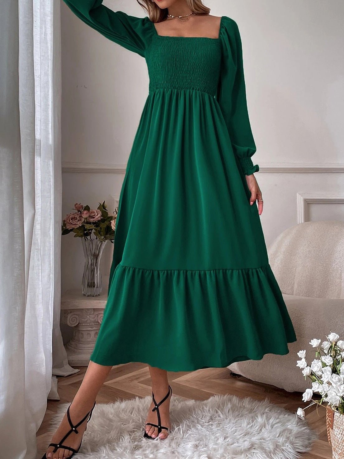Maxi Dresses - Square Neck High Waist Long Sleeve Ruffle Dress - MsDressly
