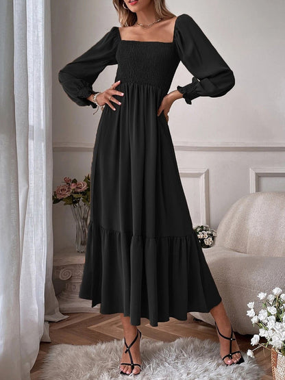 Square Neck High Waist Long Sleeve Ruffle Dress